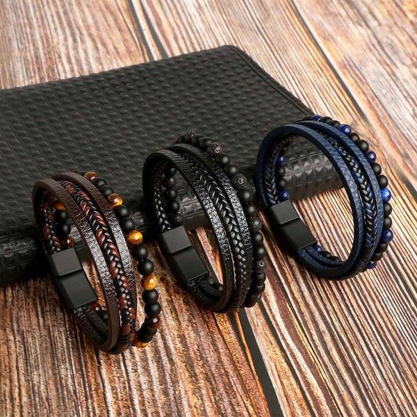 

mens natural strands stone leather bracelet obsidian hand woven beads ornament bangle, Black