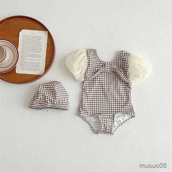

two-pieces summer new bay cotton grid swimsuit hat pieces suit girls short chiffon lace sleeve and romper to water swim, Blue