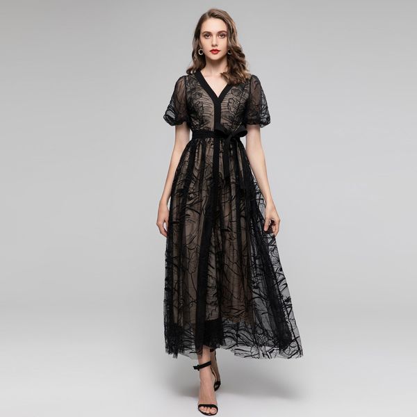 

426  2023 spring flora print dress v neck long sleeve black mid calf mesh embroidery panelld dress luxury fashion prom womens clothes sh