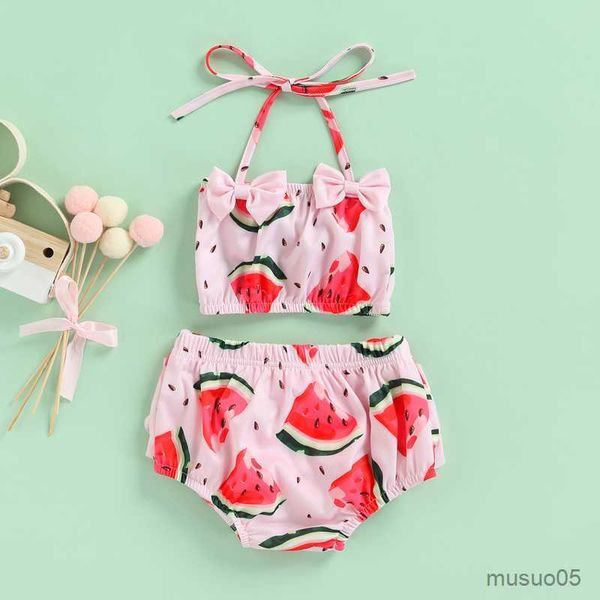 

two-pieces baby girls bikini set swimwear suit fashion watermelon print halter shorts beachwear toddler infant bather swimsuit, Blue