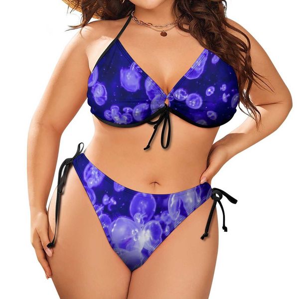 

women's plus size swimwear jellies print bikini swimsuit nautical jellyfish swimwear trend bikini set push up high cut bathing suit plu, Black