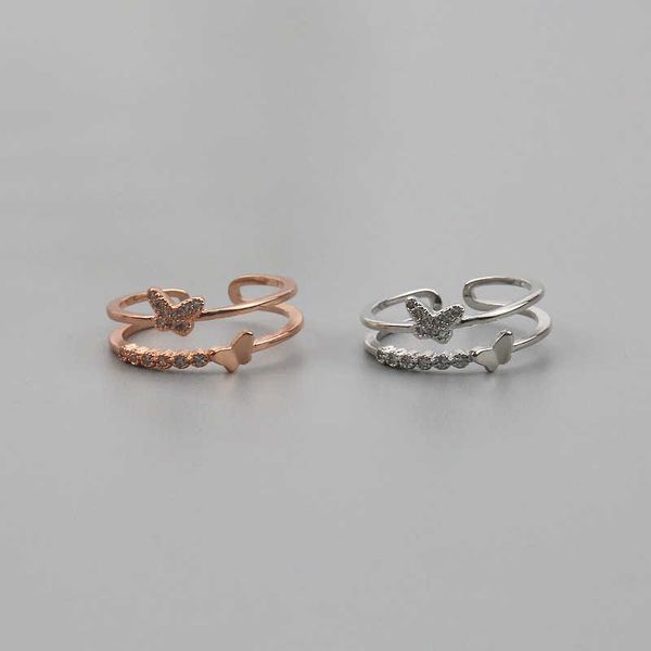 

band rings 2023 new double layer zircon butterfly rings for women sweet cute animal student ring birthday party elegance jewelry gift z0509, Silver