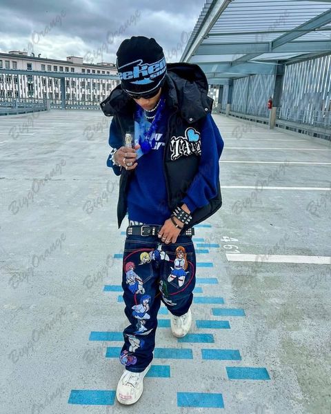 

men's jeans anime pants trend y2k street clothing blue printed loose relaxed hip hop handsome student 230509