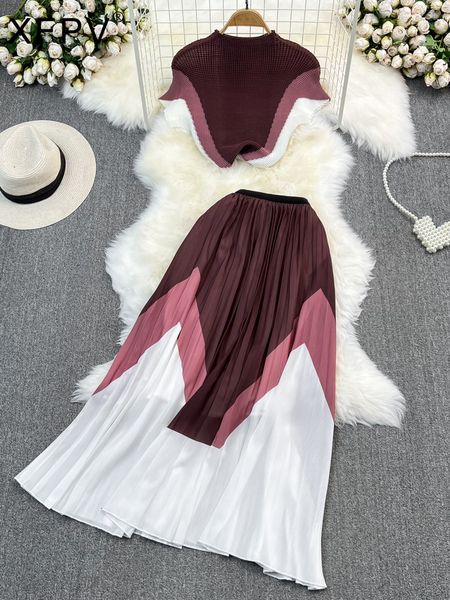 

two piece dress xfpv elegant color contrast stretchy slim elastic waist pleated skirt leiusre twopiece suit female summer sm6493 230509, White