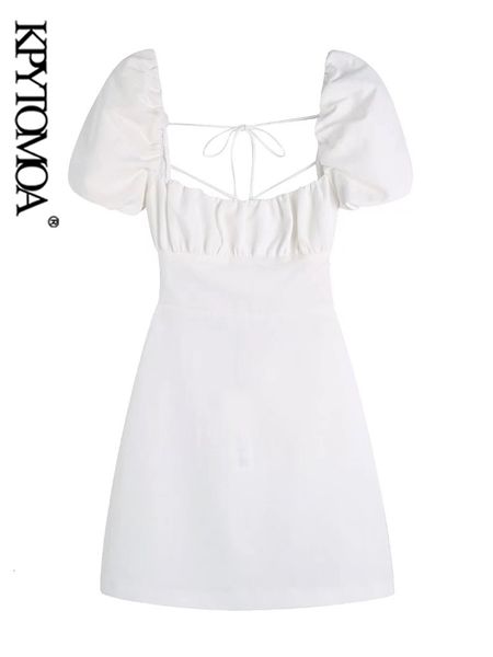 

party dresses kpytomoa women fashion backless with ties linen mini dress vintage square collar puff sleeve female vestidos mujer 230509, White;black