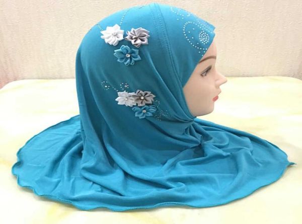 

muslim kids ready to wear hijab girls prayer hat islamic child headscarf rhinestone flower ramadan headwrap cap full cover hijab x6375727, Blue;gray