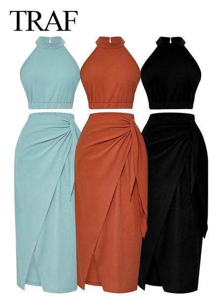 

two piece dress traf women's solid casual 2 suit sleeveless halterneck slim crop draped ruched skirts 2023 spring female clothing 2305, White