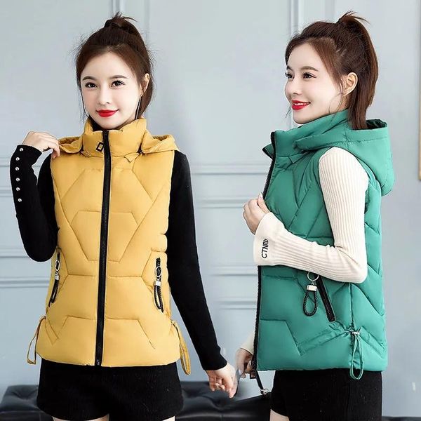 

vests winter jacket warm cotton women vest 2021 new fashion hooded short jackets waistcoat female snow wear coat parka sleeveless, Black;white
