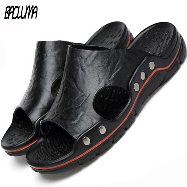 

sandals men's leather sandals classic summer men slippers soft original sandals real leather slippers men roman outdoor leather slides, Black