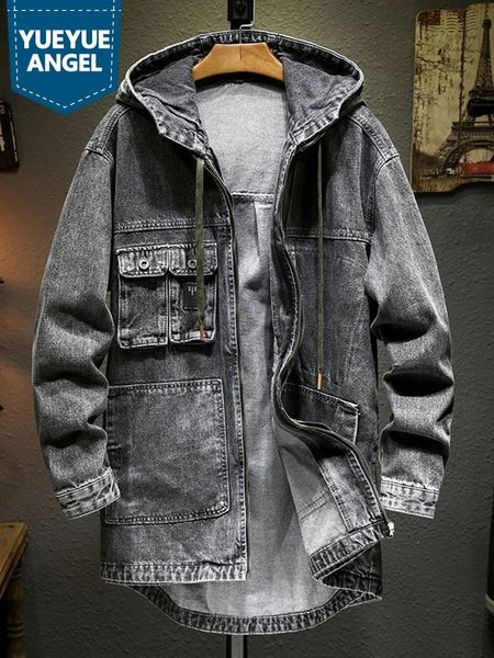 

men's jackets autumn gray denim trench coat men casual medium long hooded jackets japan style zipper cowboy windbreakers male m-3xl 23, Black;brown