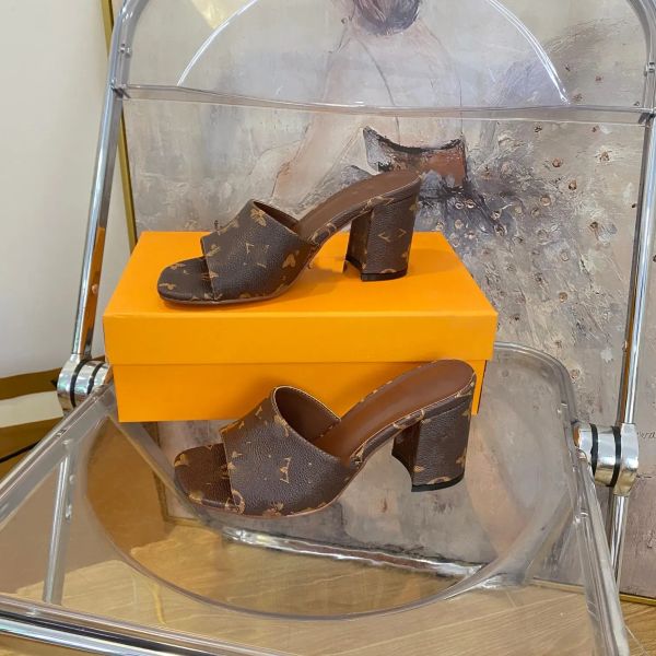 

Women Sandals Vintage Monograms Multicolor Leather Slippers High Block Heels Slip On Slides Lady Paris Heeled Slides Party Dress Shoes Loafer, White