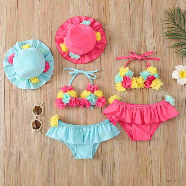 

two-pieces girls bikini sets baby swimwear halter flower bra ruffle skirt sun caps toddler bathing suit infant beachwear, Blue