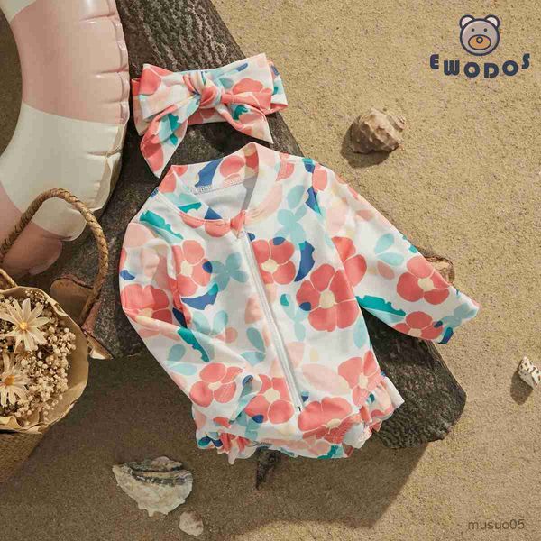 

two-pieces toddler baby girls flower print swimsuit sunscreen swimwear kids long sleeve floral bathing suit with headband, Blue