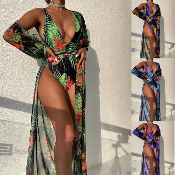 

women's plus size swimwear 2pack floral print onepiece bikini sets women deep vneck backless swimsuit kimono new summer beach swimwear, Black