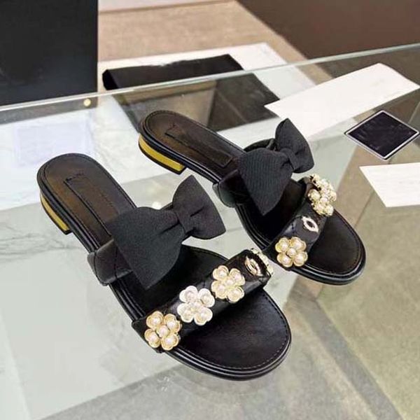 

designer women sandals womens slides new style calf leather platform pearl buckle casual shoes summer beach slipper 35-41 with box, Black
