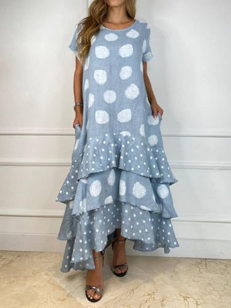 

casual dresses women dresses summer o neck dot print boho beach dress cascading ruffle short sleeve maxi dress wrap sundress robe 230509, Black;gray