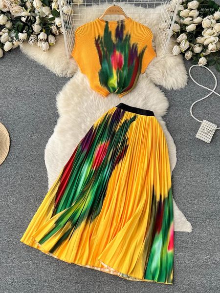 

Work Dresses SINGREINY 2023 Streetwear Print Sets Women French Style O-Neck Knit Tops Midi Long Pleated Skirts Set Summer Two Pieces Suits, Yellow