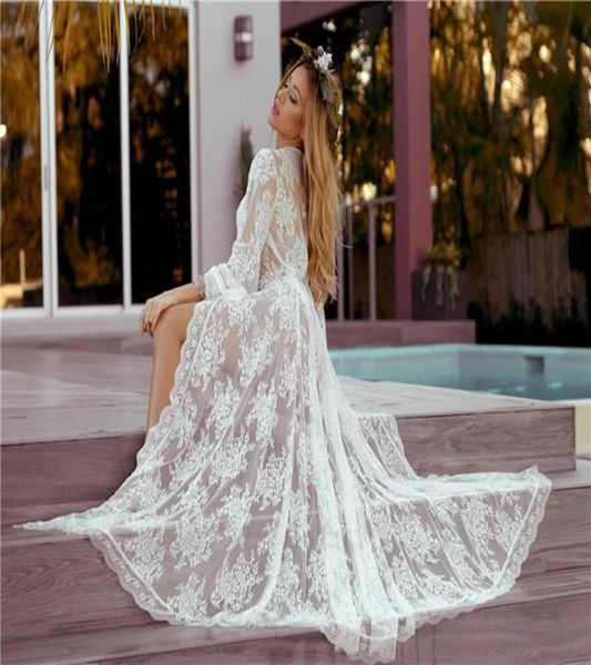 

new wave lace loose sunscreen beach cardigan long skirt holiday dress swimsuit outer blouse women wraps long sleeves prom vestidos7720563, White