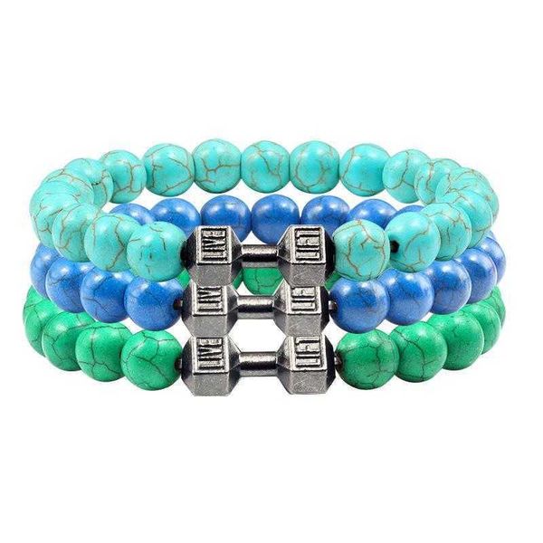 

green pine strands energy bracelet black electroplated alloy barbell turquoise dumbbell bright beaded