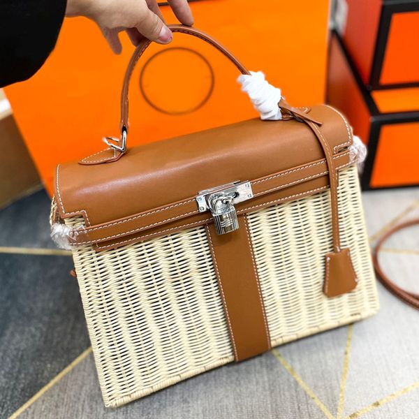 

straw tote bag women handbag rattan crochet beach bags fashion letter shoulder crossbody bags stamped lock genuine leather patchwork vacatio
