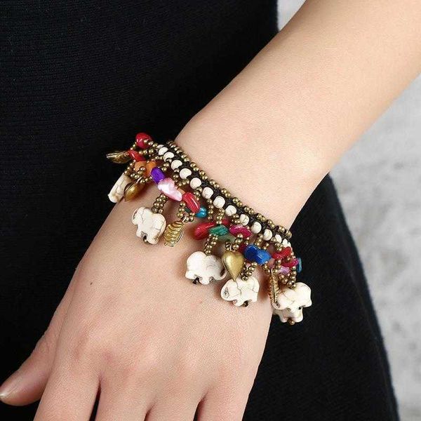 

bohemian style turquoise copper parts bracelets wax line woven clothing with elephant bracelet, Golden;silver