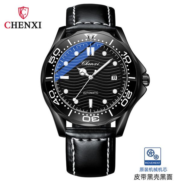 

chenxi cx-8817 new design chinese men's mechanical watch leather strap wavy dial luminous date business table, Slivery;golden