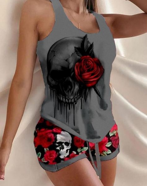 

women's sleepwear halloween skull rose print drawstring pajamas set summer women's two piece sets female suit 230508, Black;red