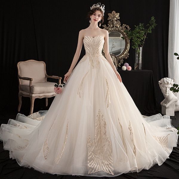

tulle church wedding dress strapless sweetheart sequined a line applique beading gorgeous bridal gowns with trail new 2023, White
