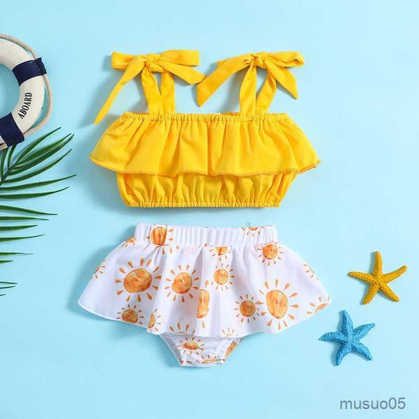 

two-pieces baby girl bikini swimsuit sleeveless of shoulder vest beach pool sun print shorts swimwear for infant girls, Blue
