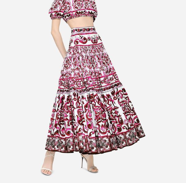 

a line skirt fashion band red and white porcelain printed cotton skirt, Black