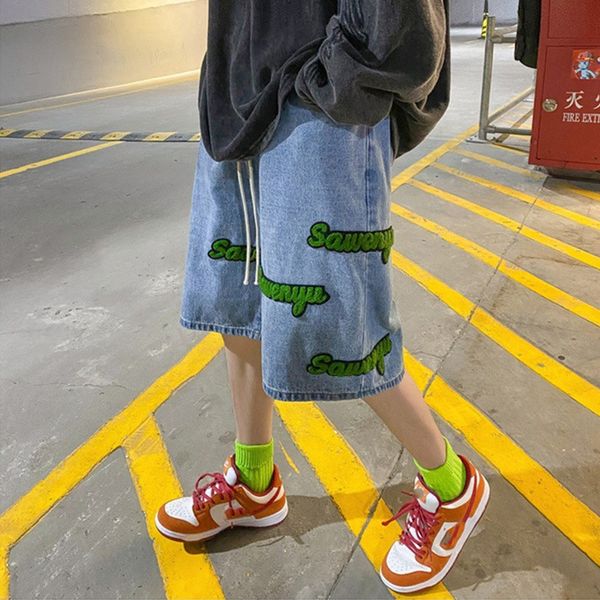 

men's jeans fashion embroidered five summer denim shorts point pants elastic waist baggy black streetwear oversized y2k clothes 230509, Blue