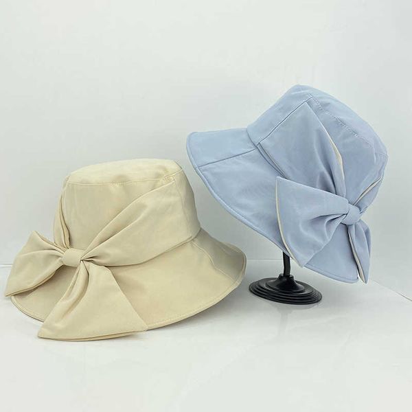 

wide brim hats foldable big brim floppy girl bucket hats sun hat with bowknot elegant protection shading solid color caps for women aa230508, Blue;gray