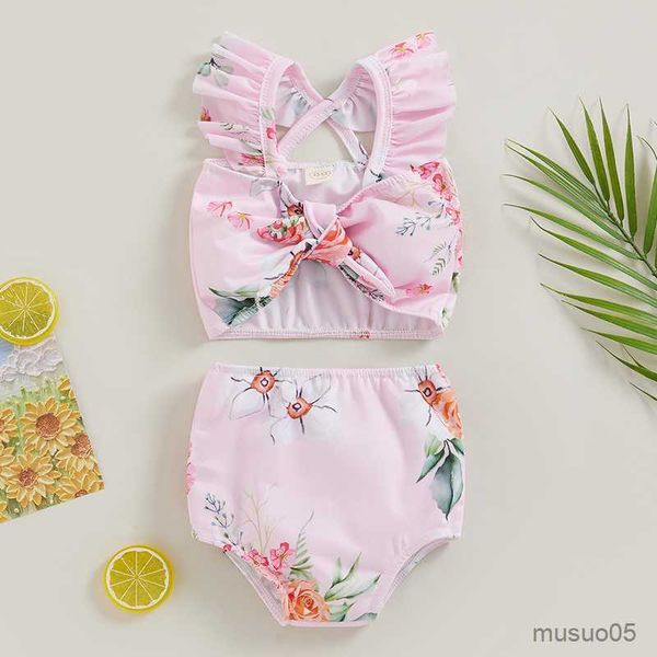 

two-pieces baby girls swimwear kids bikini set summer ruffle sleeve floral bathing suit toddler beachwear children swimsuits, Blue