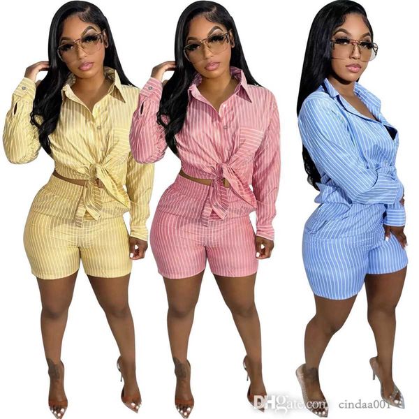 

designer womens clothes fashion new patch bag vertical stripe print suit loose shirt two piece shorts set laple neck blouses outfits, White