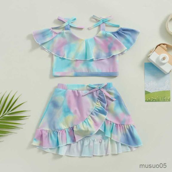 

two-pieces toddler girl swimsuits summer tie-dye print sleeveless camisole ruffled beach skirt set swimwear for infant girls, Blue