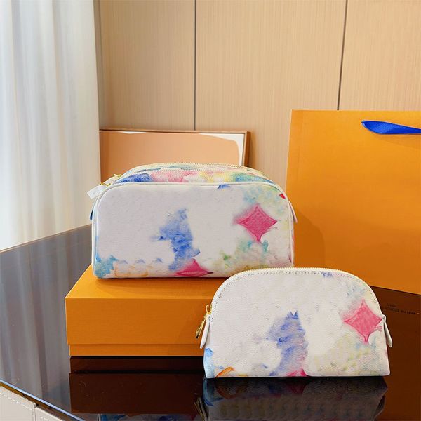 

cosmetic bags makeup bag wrist handbag purse ink printed wash bag color changing leather colorful letters large capacity pocket double zippe