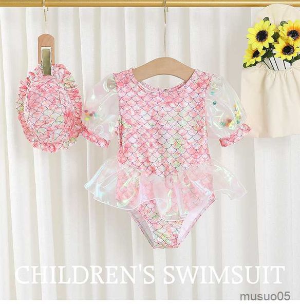 

two-pieces baby girl short sleeve swimwear summer new fish patterns one piece swimsuit with hat for children kids clothes girls, Blue