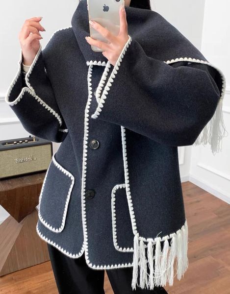 

23 fw toteme single breasted tassel scarf wool coat camel/black