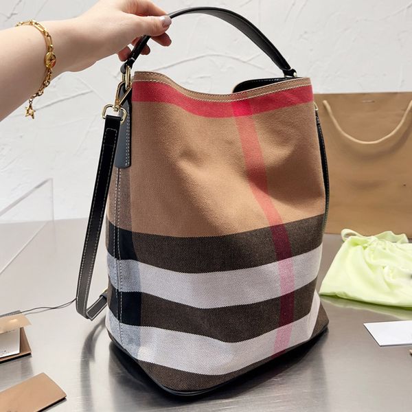 

canvas bucket bag check tote bags designer plaid handbag large capacity shopping purse genuine leather handle strap shoulder crossbody bags