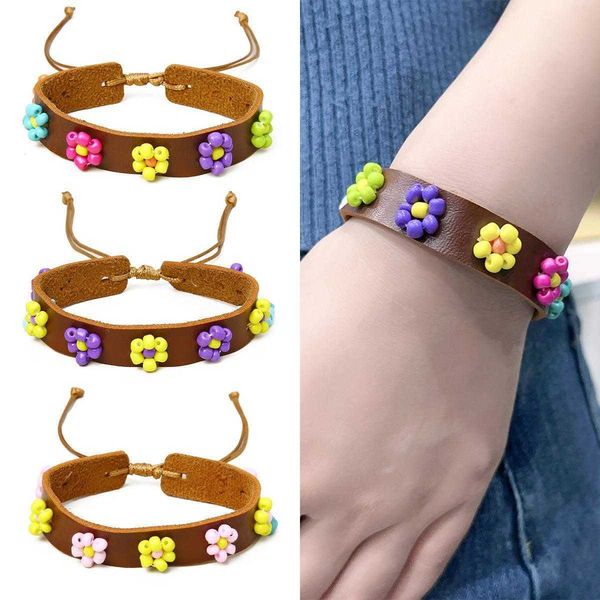 

rice wooden bead stone bracelet mens vintage genuine leather wholesale, Golden;silver