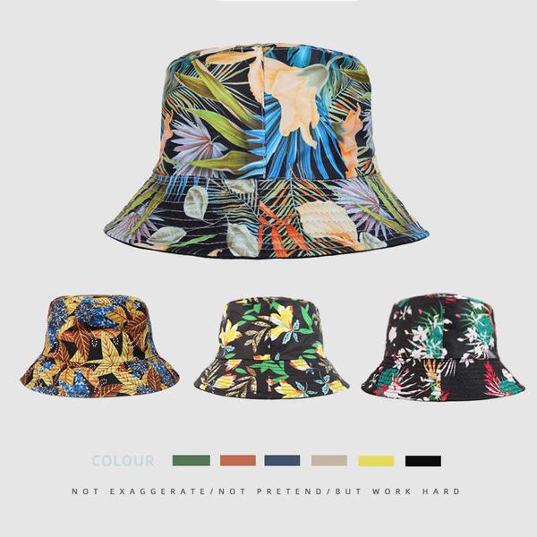 

wide brim hats european and american new tropical leaf pattern bucket hats men and women seaside outdoor leisure sunshade foldable basin hat, Blue;gray