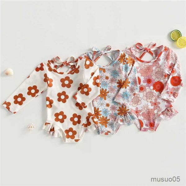 

two-pieces summer swimwear baby girl long sleeve neck floral swimsuit toddler kid ruffles swimming suit children's holiday beach wear, Blue