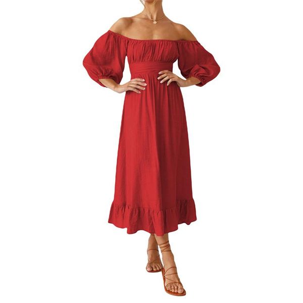 

dresses summer ladies casual party midi dress ruffles hem solid color lantern sleeve square collar high waist dresses women holiday, Black;gray