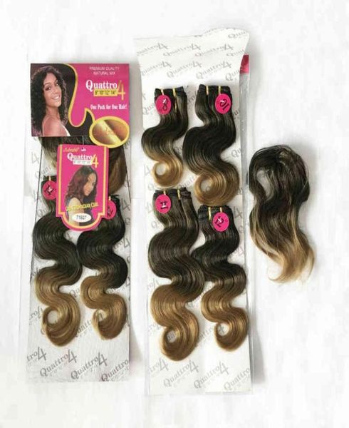 

adorable ombre color body wave synthetic packet hair weave two tone quattro indian curl 4pcs with fringe hair weft h2204299962918, Black