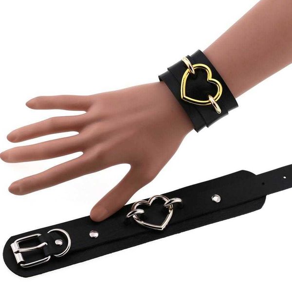 

selling punk bracelet double layer pu leather personality simple hip hop street snap peach heart wrist strap, Golden;silver