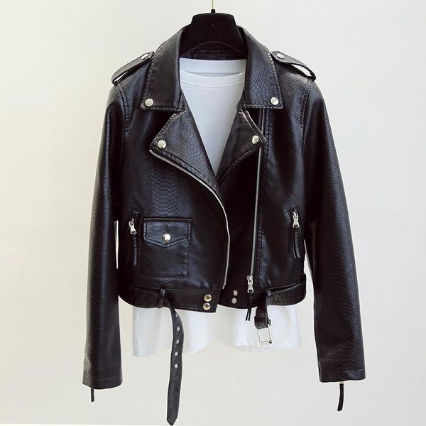

fur spring autumn women faux leather jacket slim streetwear khaki leather coat biker moto jacket with belt female outerwear, Black