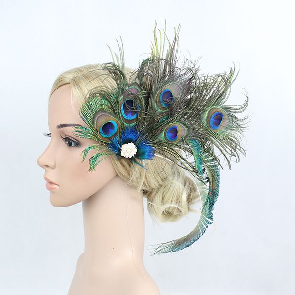 

wedding hair jewelry fascinator 1920s peacock feather headband clothing hairpin head trim side clip performance party accessories bride 2305, Slivery;golden