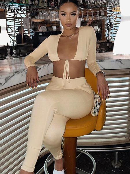 

pants hugcitar 2021 summer solid long sleeves bandage v neck crop leggings 2 pieces set bodycon party club y2k, White