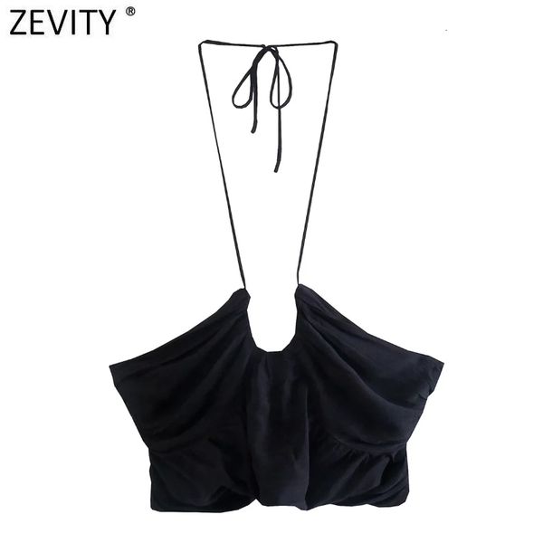 

camisoles tanks zevity women spaghetti strap black white color chic halter camis tank ladies summer pleated design short sling crop ls9761