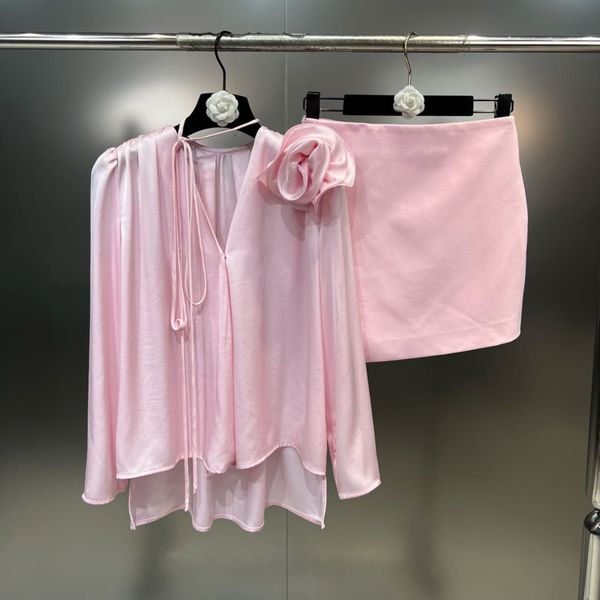 

two piece dress prepomp spring summer long sleeve v neck bandage petal appliques pink shirt short skirt two piece set women outfits gh915 23, White